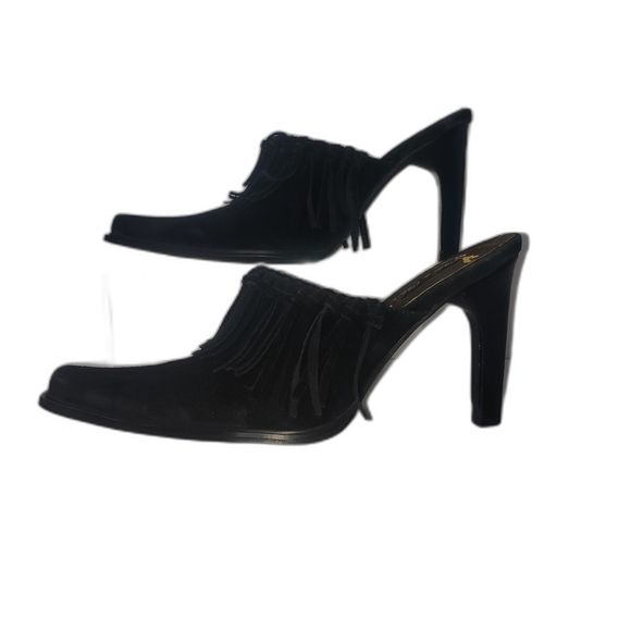 VINTAGE Vis a Vie Black Suede Fringe Mules Heels Bootie Square Toe Shoes Size 7 - Picture 2 of 11